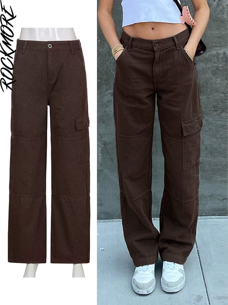 Cap Point Brown 1 / S Vintage Streetwear Pockets Wide Leg Baggy Cargo Jeans Pants