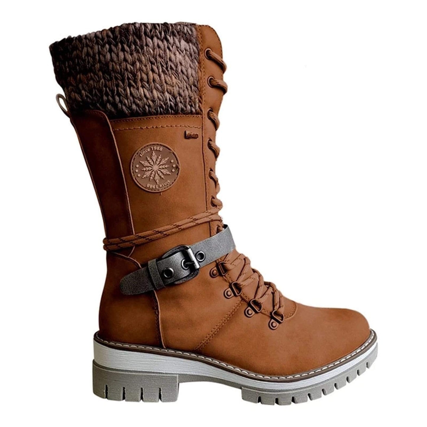 Cap Point Brown / 6.5 Women's Premium Lace Knit Mid-Calf Buckle Winter Boots