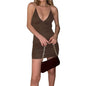 Cap Point Brown / 8 Elegant Marlene Halter Neck Deep V Neck Open Back Sleeveless Ruched Mini Dress