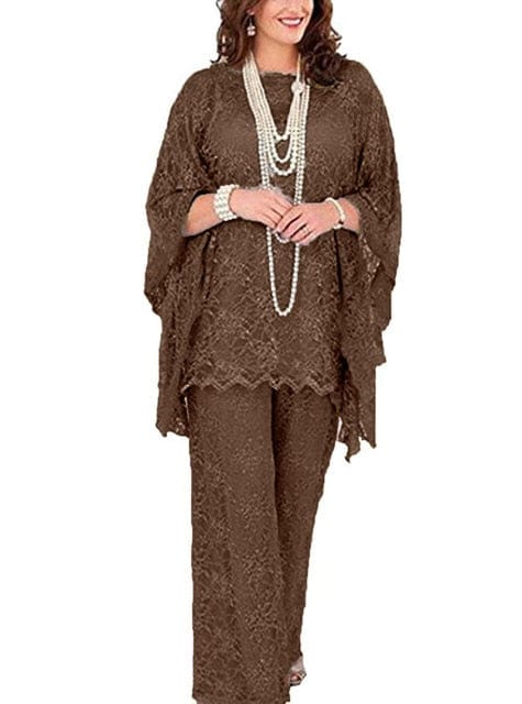 Cap Point Brown / 8 Geneva 3 Piece Long Sleeve Mother of the Bride Pant Suit