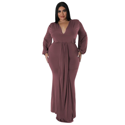 Cap Point Brown / L Natalie Long Sleeve V Neck Irregular Elegant Plus Size Maxi Dress