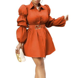 Cap Point Brown / M Marla Long Sleeve Puff Sleeve Waist Belt Cardigan Mini Shirt Dress