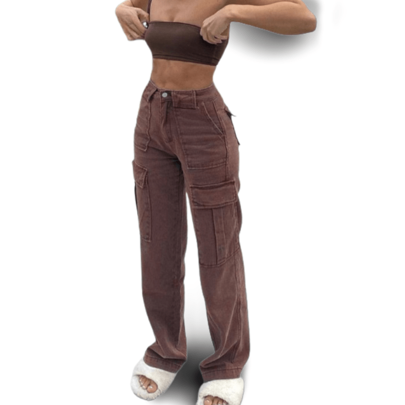 Cap Point Brown-Pockets / S Vintage Streetwear Pockets Wide Leg Baggy Cargo Jeans Pants