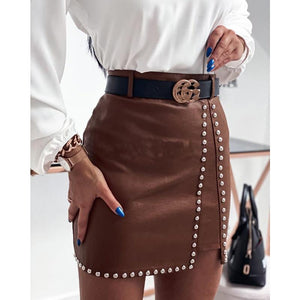 Cap Point Brown / S Elegant Fashion Rivets PU Leather Skirt