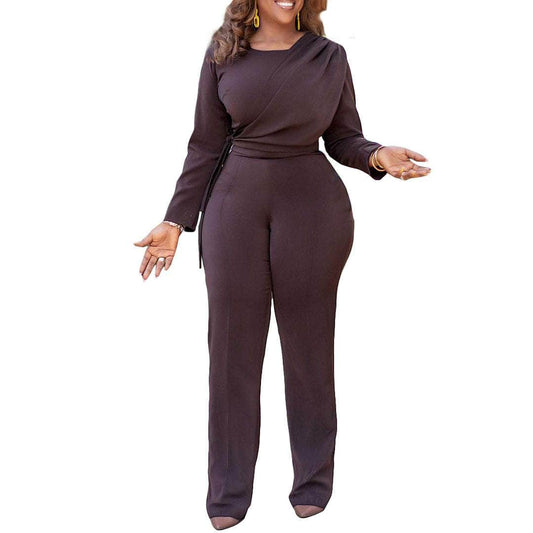 Cap Point Brown / S Merlaine Wide Leg Long Sleeve Solid Slim Fit Romper