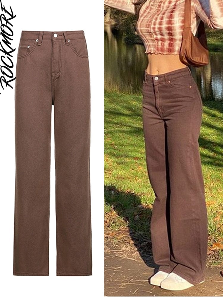 Cap Point Brown-Solid / S Vintage Streetwear Pockets Wide Leg Baggy Cargo Jeans Pants