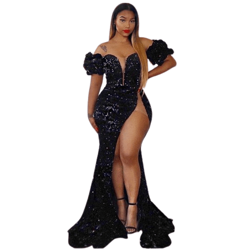 Cap Point Burgundy / 2 Merveille Sparkly Sequins Off-Shoulder Short Sleeves Prom Evening Dress