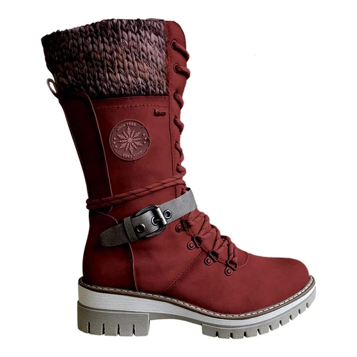 Cap Point Burgundy / 6.5 Women's Premium Lace Knit Mid-Calf Buckle Winter Boots