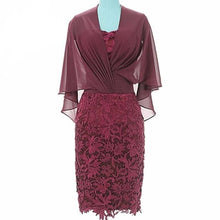Load image into Gallery viewer, Cap Point Burgundy / 6 Elegant Lace Cape Half Sleeve Knee Length Mother of The Bride Dress
