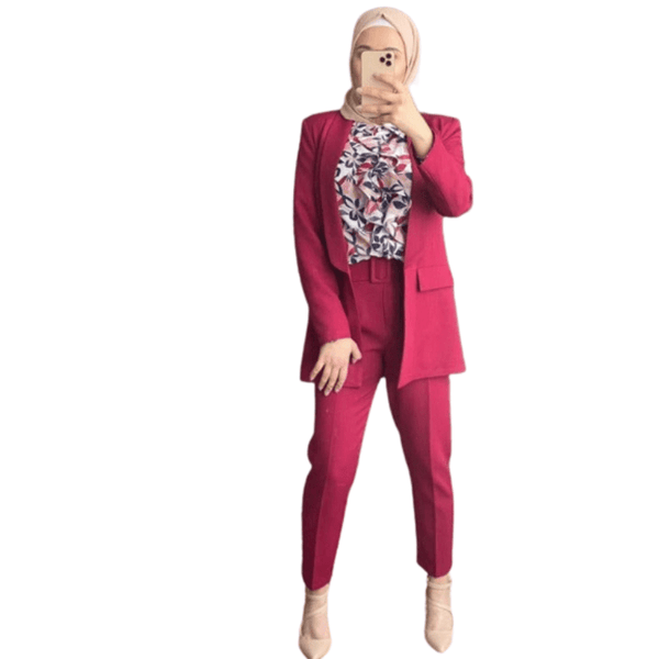 Cap Point Burgundy / 6 Three Piece New Office Lady Open Front Long Sleeves Pantsuits