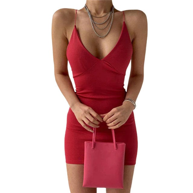 Cap Point Burgundy / 8 Elegant Marlene Halter Neck Deep V Neck Open Back Sleeveless Ruched Mini Dress