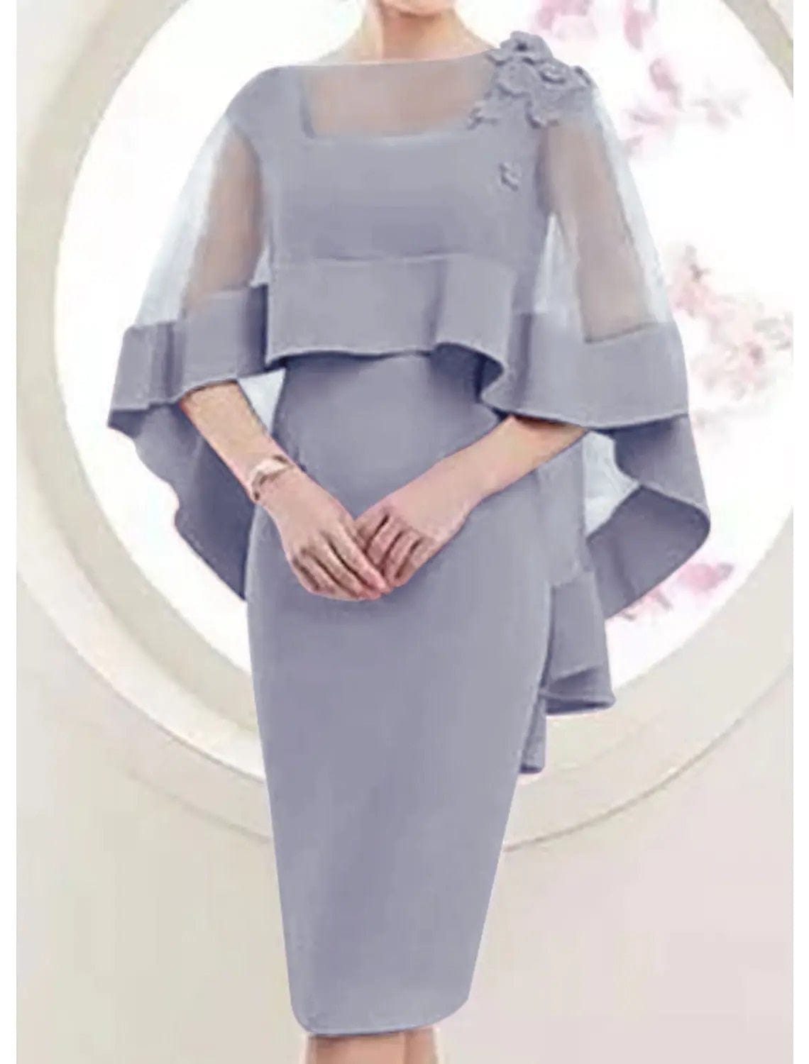 Cap Point Burgundy / 8 Mireille Shealth Square Collar Flowers Short Mother Of Bride Groom Dress