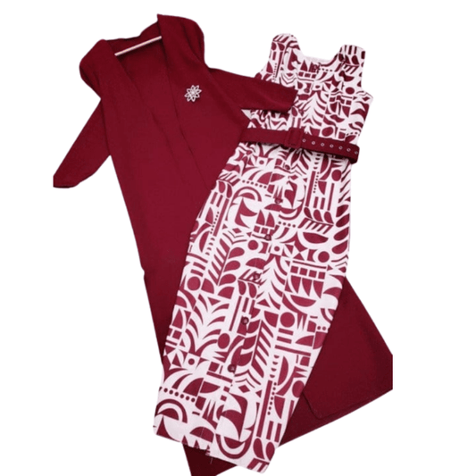 Cap Point Burgundy / 8 Office Wear Two Piece Slim Printed Dress And  Full Sleeve Blazer
