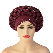 Load image into Gallery viewer, Cap Point Burgundy / adjustable Diamonds African Pattern Pre-Tied Bonnet Turban Knot Headwrap
