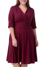 Load image into Gallery viewer, Cap Point Burgundy / L Plus size V-neck Half Sleeve A-line Midi Dress

