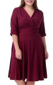 Cap Point Burgundy / L Plus size V-neck Half Sleeve A-line Midi Dress