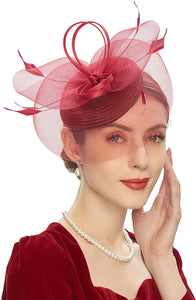 Cap Point burgundy Mirva Feather Mesh Veil Headband Bridal Wedding Hat Fascinators