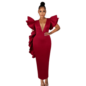 Cap Point Burgundy / S Beatrice Deep V Neck Flying Sleeve Ruffle Mesh Patchwork Party Maxi Dress