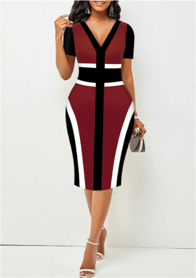 Cap Point Burgundy / S Belinda High Waist Patchwork Printing V-Neck Elegant Short Sleeve Midi Dress