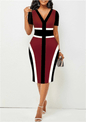 Cap Point Burgundy / S Belinda High Waist Patchwork Printing V-Neck Elegant Short Sleeve Midi Dress