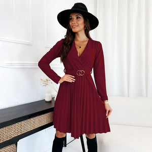 Cap Point Burgundy / S Dianne Fashion Elegant V-neck Pleated Lace-up Long Sleeve Mini Dress