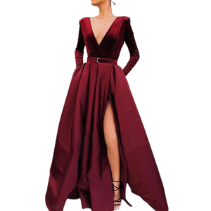 Cap Point Burgundy / S Elegant A-Line Deep V-Neck Slit Full-length  Party Dress