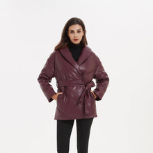 Load image into Gallery viewer, Cap Point Burgundy / S Emery Autumn Winter Elegant Tie Belt Parkas Loose PU Leather Coat
