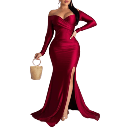 Cap Point Burgundy / S Eve Elegant Off Shoulder Ruched Slit Long Dress