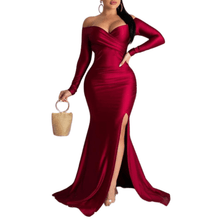 Load image into Gallery viewer, Cap Point Burgundy / S Eve Elegant Off Shoulder Ruched Slit Long Dress
