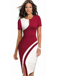 Cap Point Burgundy / S Nice-forever New Elegant Stylish Contrast Color Patchwork Office Work Dress
