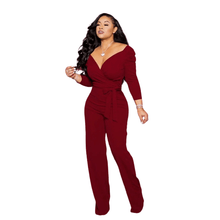 Load image into Gallery viewer, Cap Point Burgundy / S Solid Sexy Deep V Neck Full Sleeve  Work Party Casual Slim Jumpsuits
