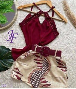 Cap Point Burgundy / S Summer Fashion Two Piece Sleeveless Vest Top Printed Shorts