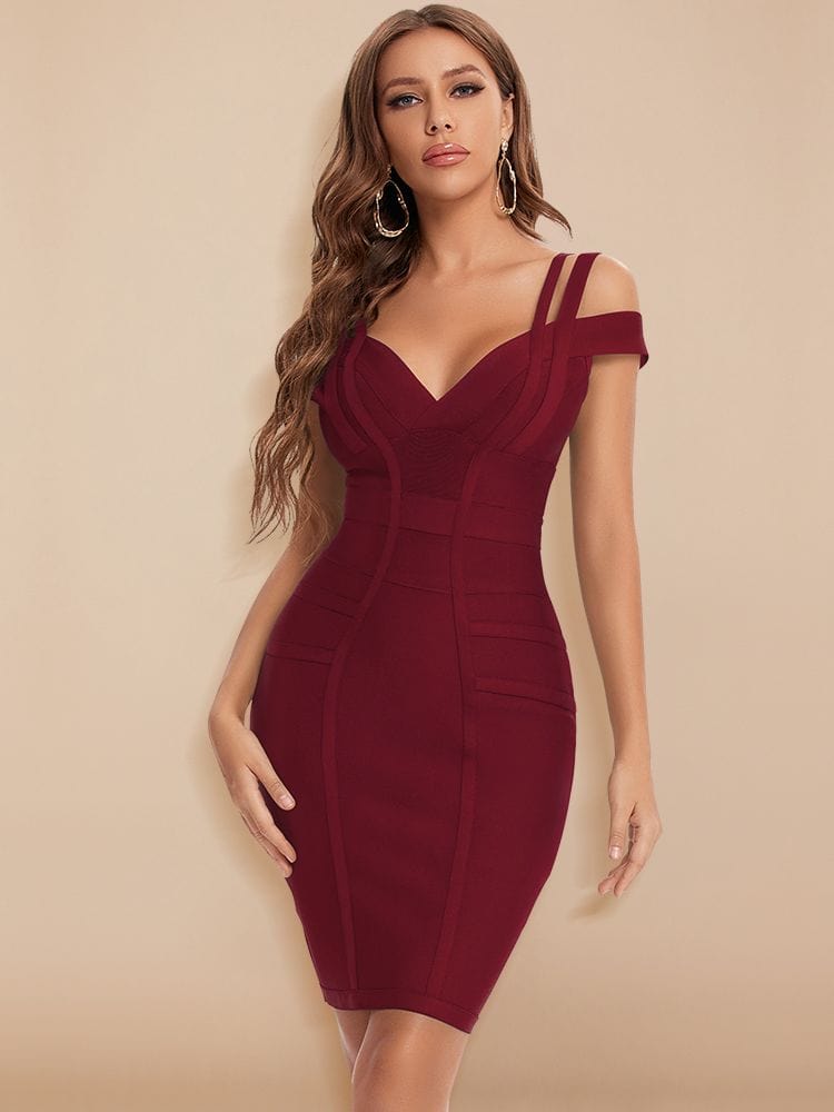 Cap Point Burgundy / XS Carolyn Sexy Bandage V-Neck Double Elastic Strap Bodycon Party Club Dress