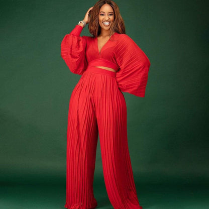 Cap Point Cap Point Pleated Set Crop Top High Waist Wide Leg Pants