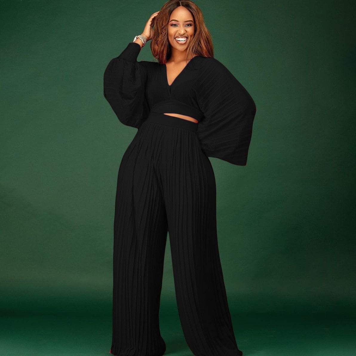 Cap Point Cap Point Pleated Set Crop Top High Waist Wide Leg Pants