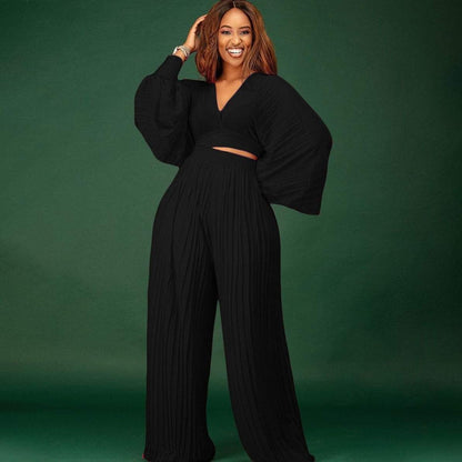 Cap Point Cap Point Pleated Set Crop Top High Waist Wide Leg Pants
