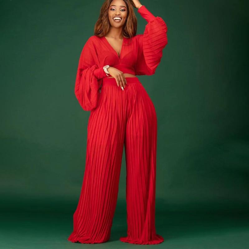 Cap Point Cap Point Pleated Set Crop Top High Waist Wide Leg Pants