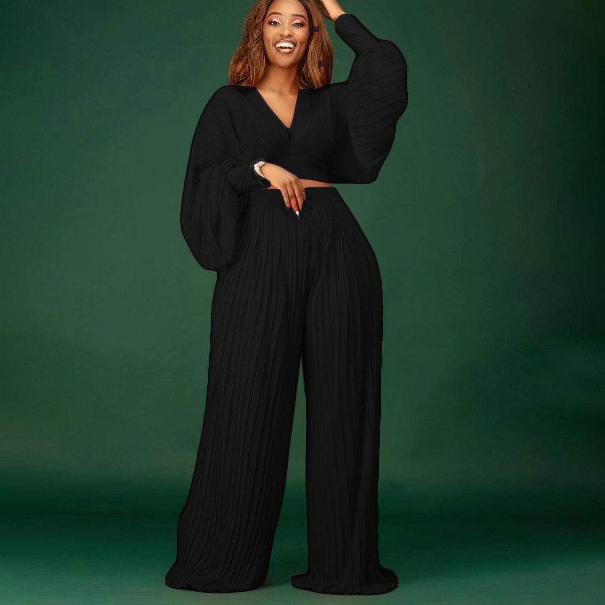 Cap Point Cap Point Pleated Set Crop Top High Waist Wide Leg Pants