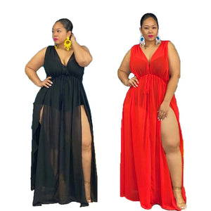 Cap Point Carline Plus Size Sexy Half Open Collar Lace-up See Through Split Fork Mesh Maxi Dress