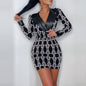 Cap Point Chains / S Prisca Elegant V Neck Chic Print Bodycon Mini Dress