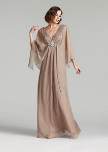 Cap Point Champagne / 8 Helene V Neck Silk Crystal With Cape Wedding Banquet Mother Of The Bride Dress