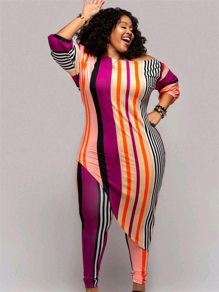 Cap Point Charlotte Plus Size Two Piece Striped Top Irregular Hem Leggings Matching Set