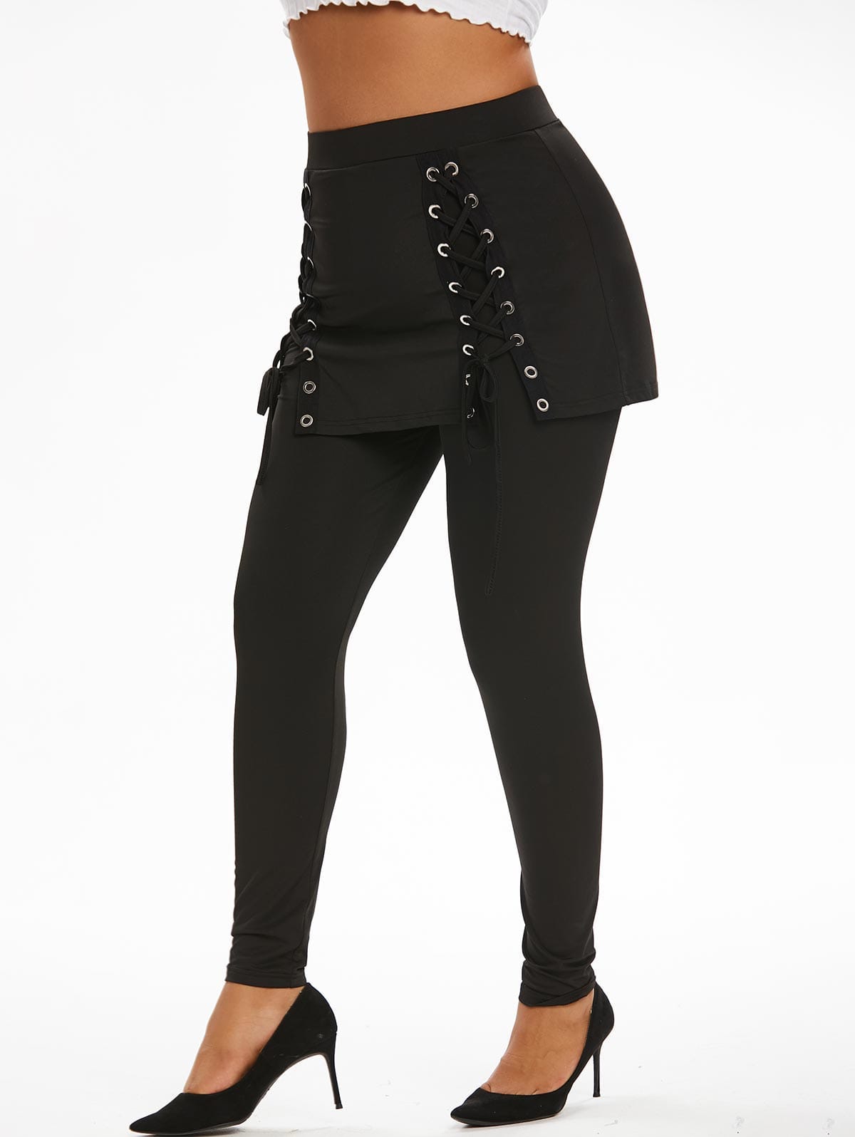 Cap Point Charmaine High Waist Lace Up 2 In 1 Skirted Leggings Two-Piece Pull On Pants
