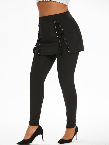 Cap Point Charmaine High Waist Lace Up 2 In 1 Skirted Leggings Two-Piece Pull On Pants