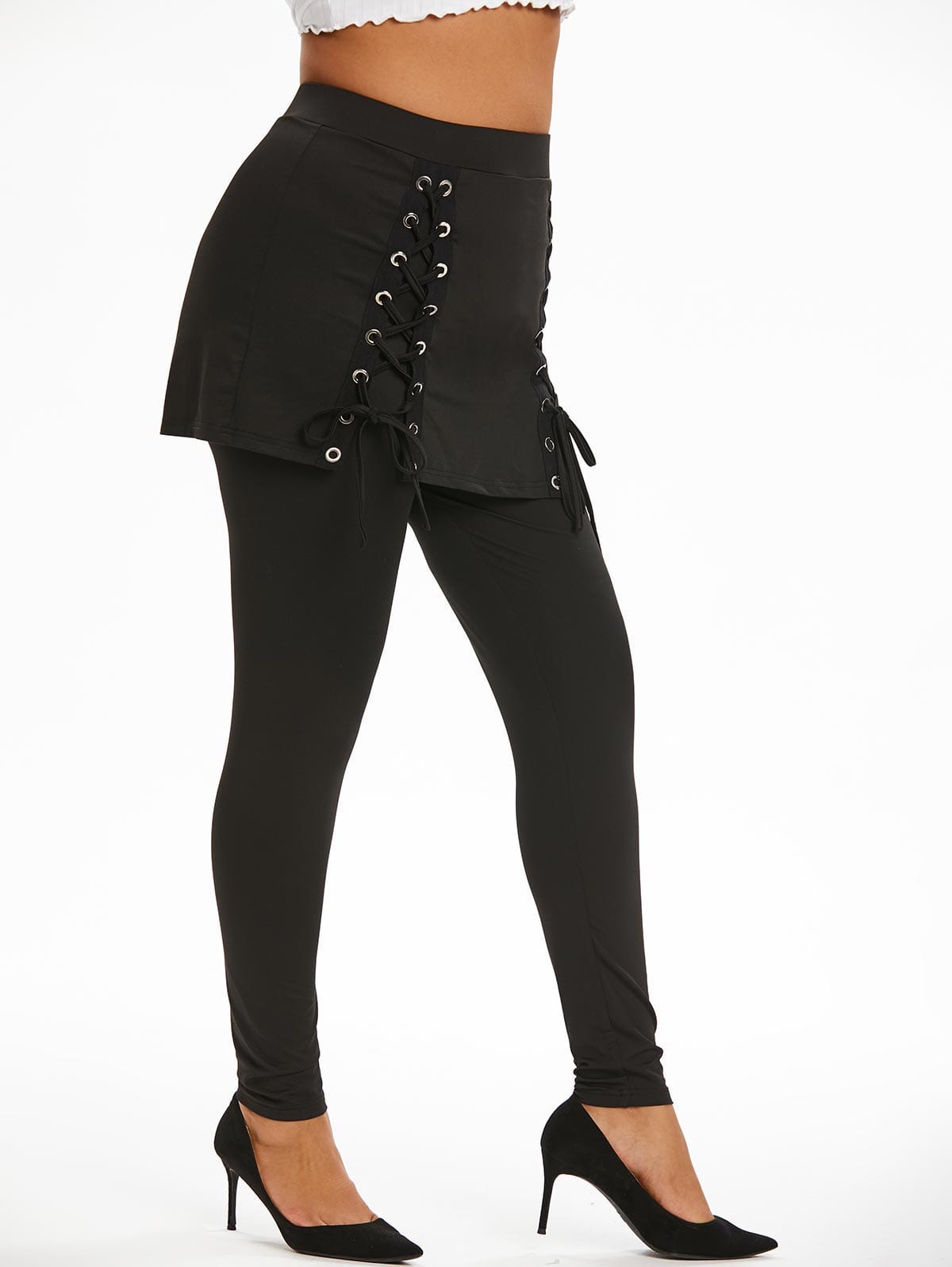 Cap Point Charmaine High Waist Lace Up 2 In 1 Skirted Leggings Two-Piece Pull On Pants