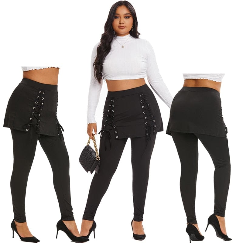 Cap Point Charmaine High Waist Lace Up 2 In 1 Skirted Leggings Two-Piece Pull On Pants