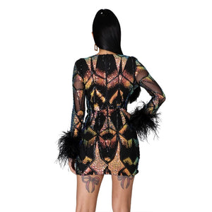 Cap Point Cheffe Fashion Design Sequins Sparkly V-neck Feather Long Sleeve Celebrity Party Mini Dress