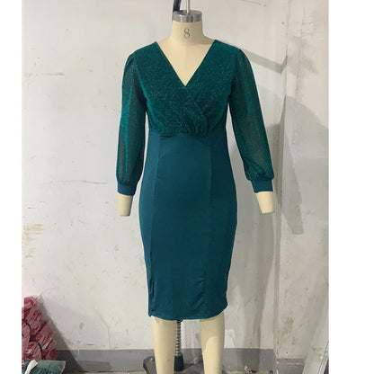 Cap Point Christianne Elegant Sexy V-neck Bright Silk Midi Party Dress