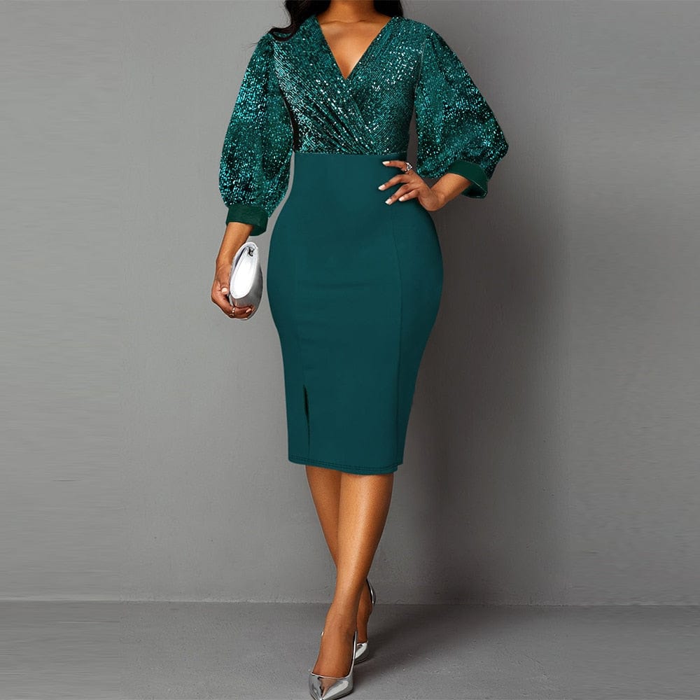 Cap Point Christianne Elegant Sexy V-neck Bright Silk Midi Party Dress