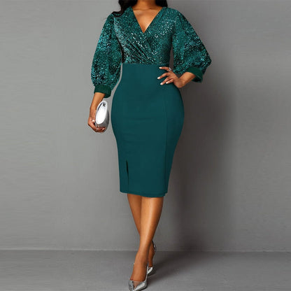 Cap Point Christianne Elegant Sexy V-neck Bright Silk Midi Party Dress